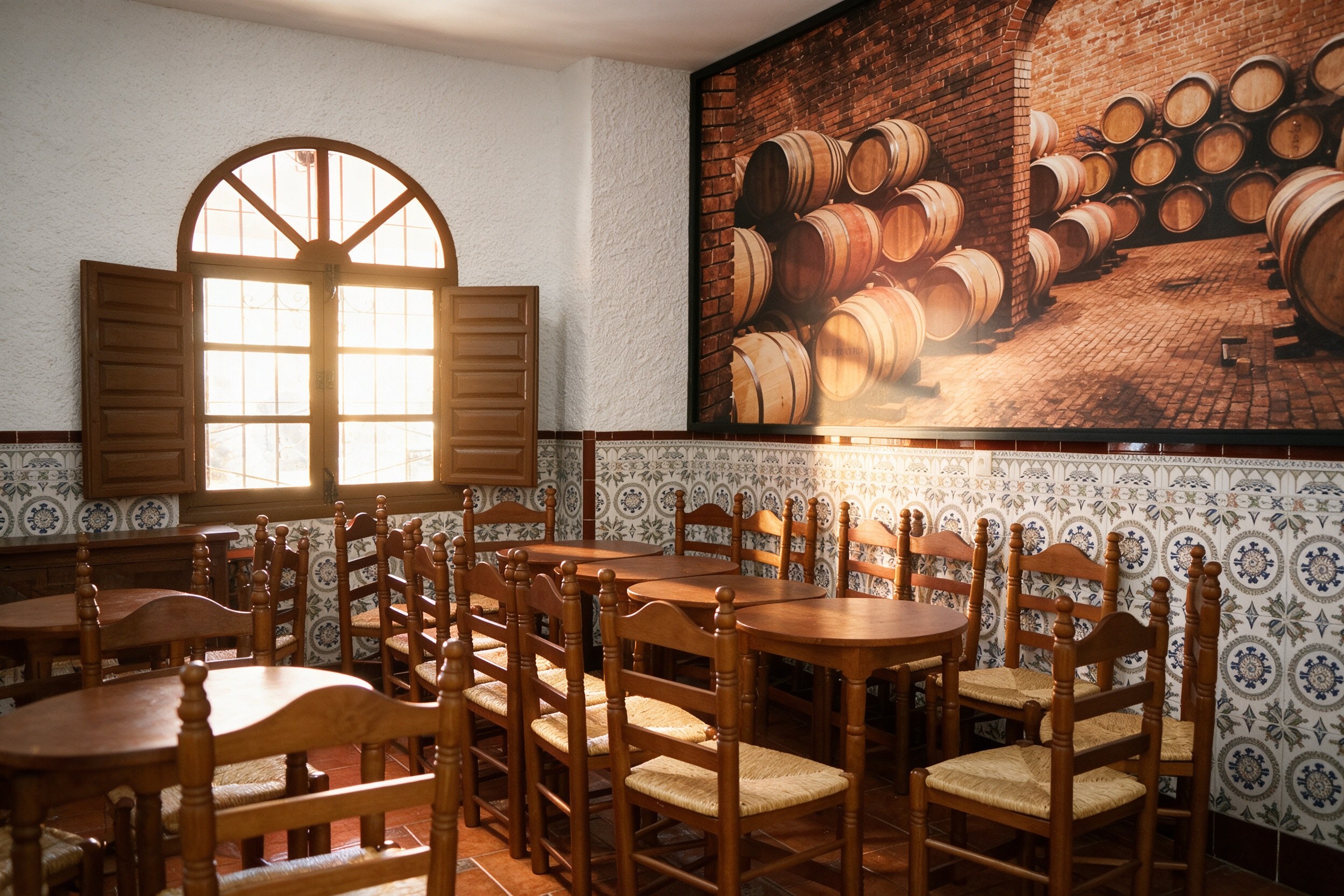 Comedor tradicional de tabanco con mural de botas, ventana de arco y azulejos