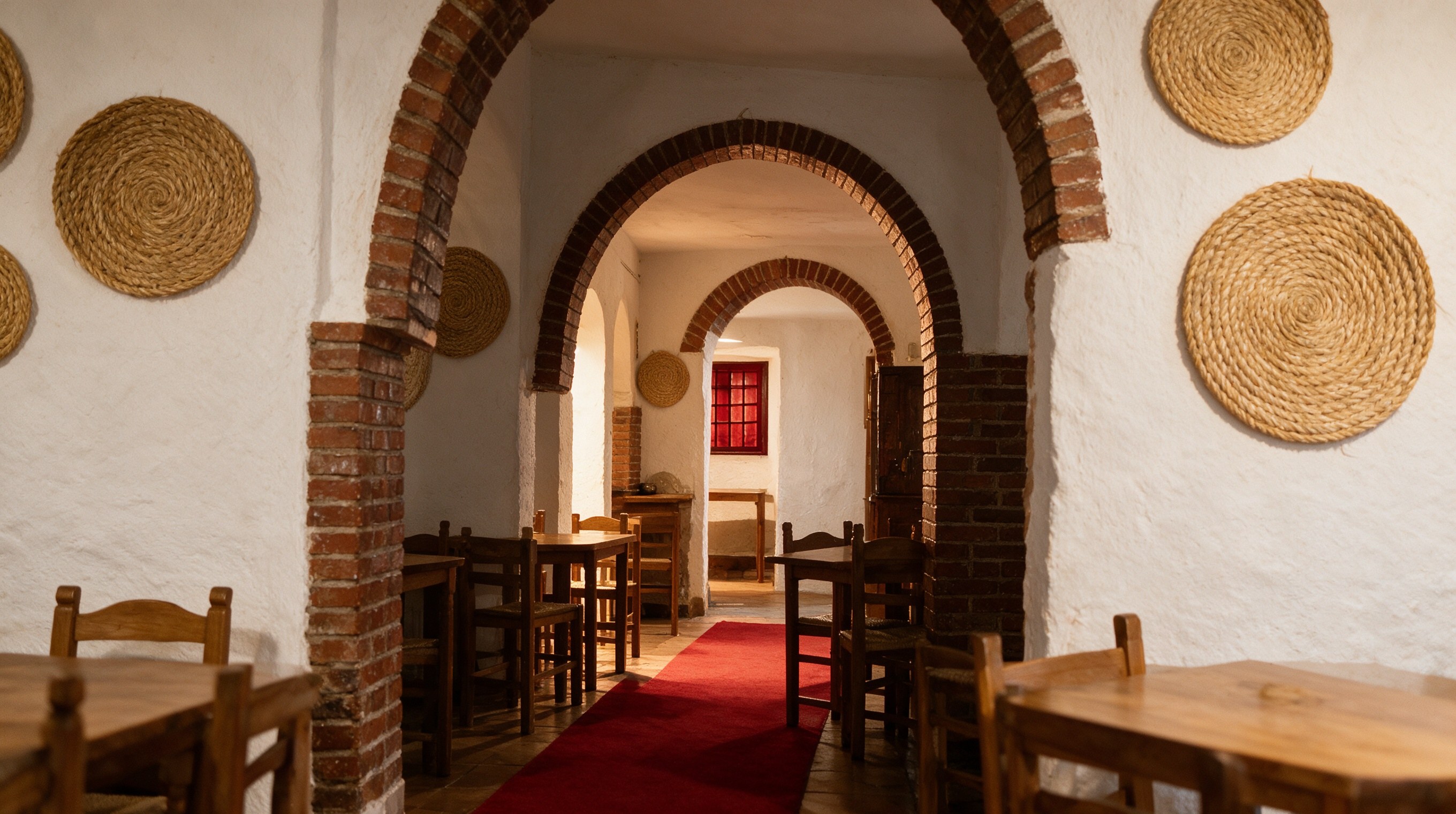 Interior rústico de tabanco con arcos de ladrillo blanco, cestos de esparto y alfombra roja