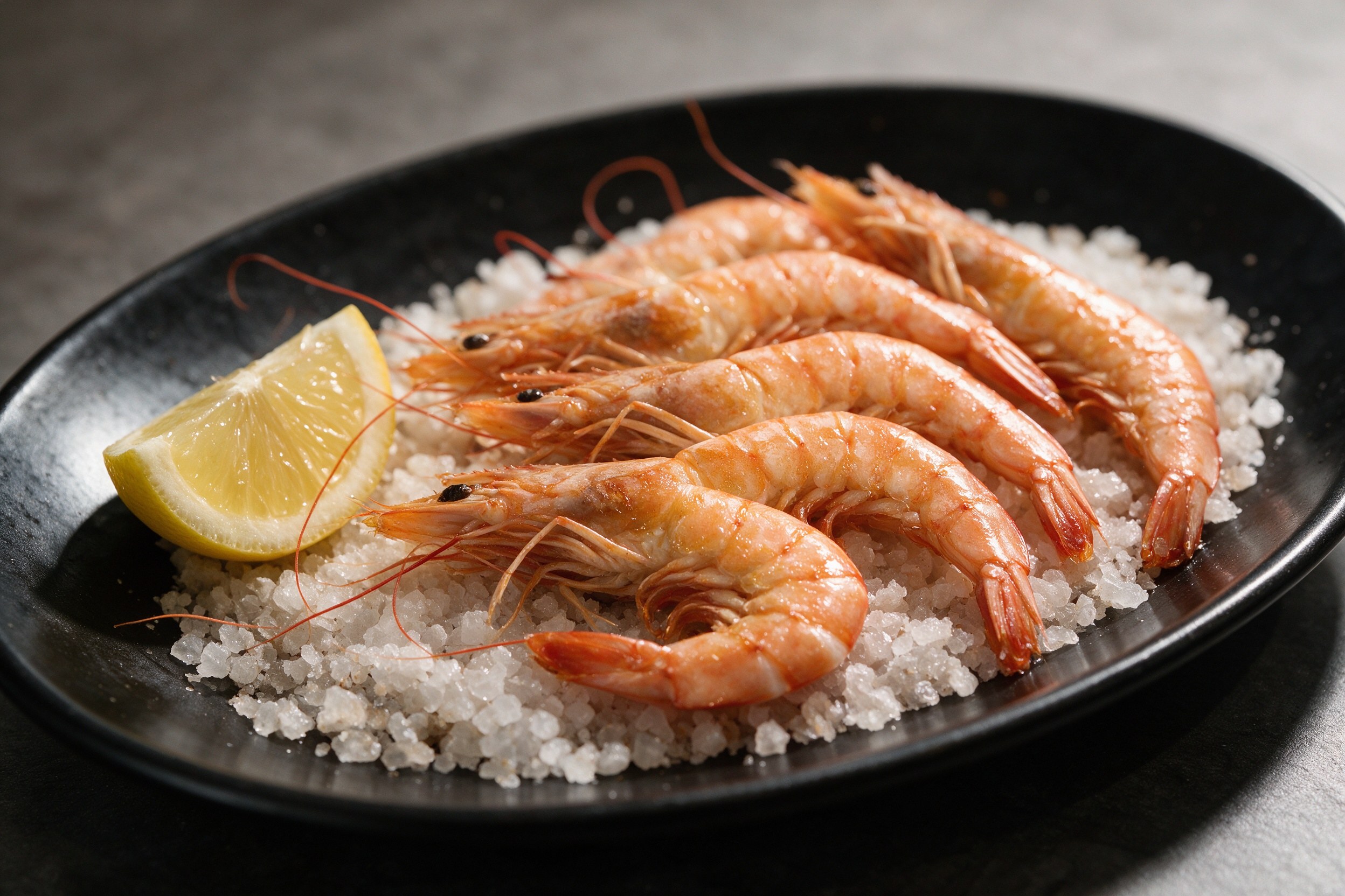 Gambas a la sal sobre lecho de sal gruesa en plato negro con limón